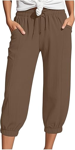 Generisch Musselin Hose Damen 3/4 Sommerhose 2025 High Waist Leichte Stoffhose Atmungsaktives Schnell Trocknend Strandhose Stretch Einfarbig Gerades Bein Caprihose Mit Kordelzug Und Taschen