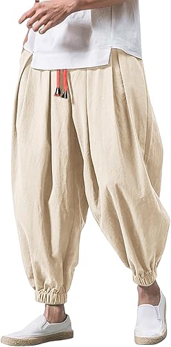 Haremshose Herren Baumwolle Leinen Hose Männer Einfarbige Freizeithose Bequeme Atmungsaktive Pumphose Stretch Sommer Aladinhose Pluderhose Leichte Elastisches Jogging Yoga Sommerhose with Taschen